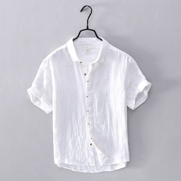 Camisa Masculina de Linho Vintage Plissada com Estampa Chinoiserie