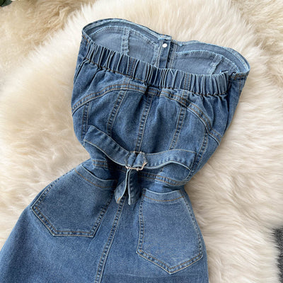 Pantalón Palazzo Denim de Cintura Alta con Top Tubo para Primavera y Verano - Image 11