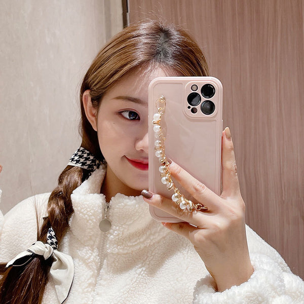 Funda para Celular Pro Max con Pulsera de Perlas y Pedrería para Mujer
