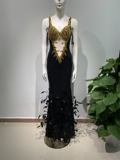 Vestido Sling Negro con Lentejuelas de Pluma - Image 10