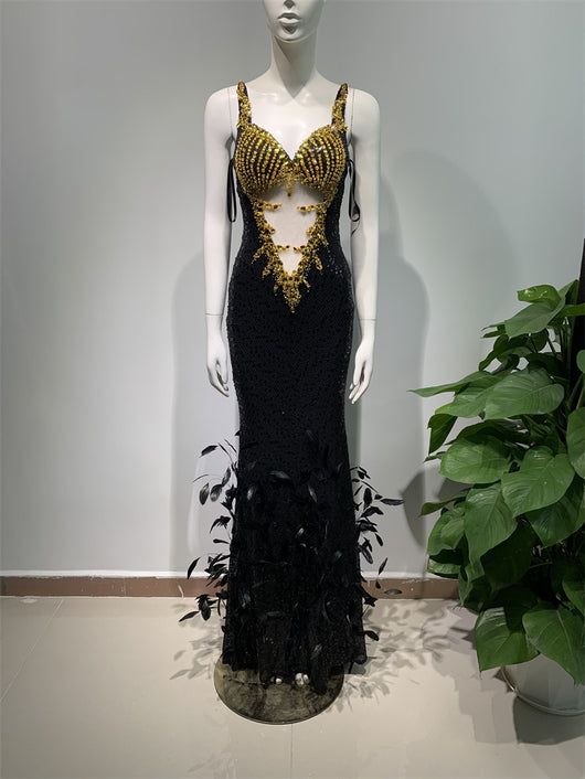Vestido Sling Negro con Lentejuelas de Pluma - Image 10