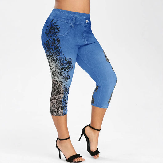 Pantalones Capri Skinny Estampados de Tela Vaquera Sintética Cintura Media