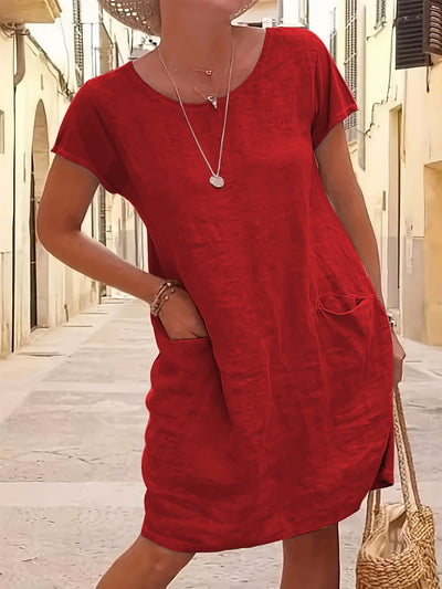 Vestido Suelto de Lino y Algodón con Bolsillos - Manga Corta Cuello Redondo - Image 6
