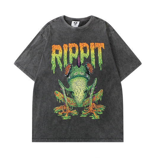 Playera Hip Hop Costa Oeste Efecto Vintage Lavado Oscuro Manga Corta para Hombre