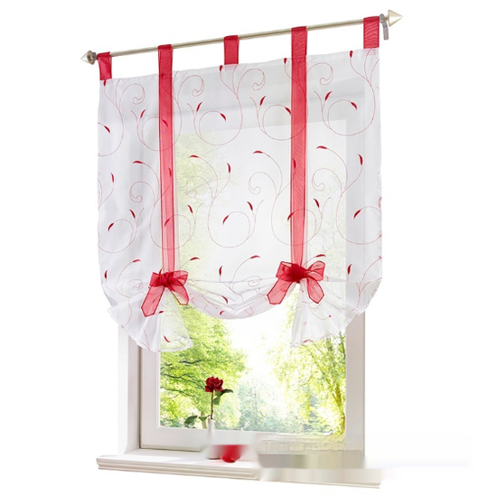 White sheer Roman window screen with red embroidered floral patterns and red ribbon ties, hanging from a silver rod. - Image 14
