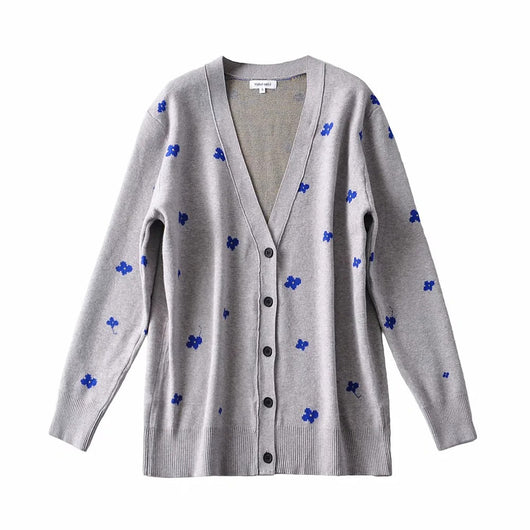 Cardigan Tejido con Bordado de Flores Gris y Azul - Image 3