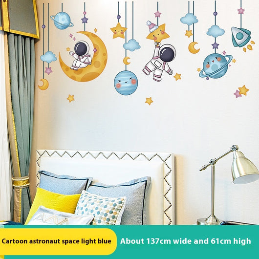 Cartoon astronaut and space station wall stickers with planets, stars, moon, and telescope on a white wall. - Image 3