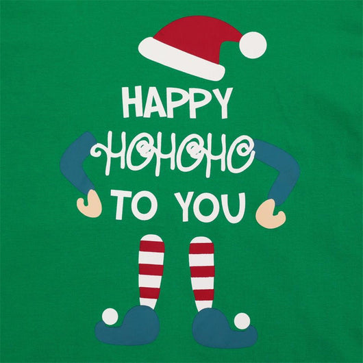 Matching green and red Christmas parent-child pajama set with 'Happy Hohoho To You' elf print tops and striped pants. - Image 16