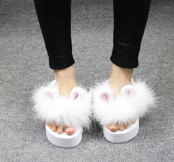 Sandalias Plataforma con Orejas de Conejo - Zapatos de Piel de Avestruz Suave y Cómodos