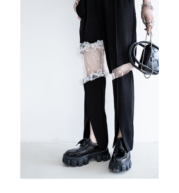 Pantalón Ancho Cintura Alta con Abertura Lateral y Encaje para Mujer