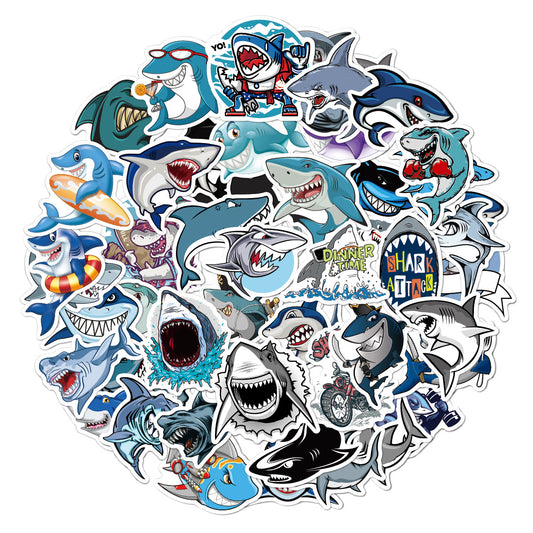 Set de 50 Stickers Tiburón Cartoon - Impermeables para Maletas, Patinetas y Decoración