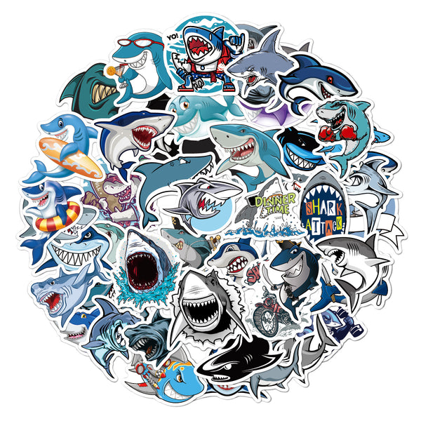 Set de 50 Stickers Tiburón Cartoon - Impermeables para Maletas, Patinetas y Decoración