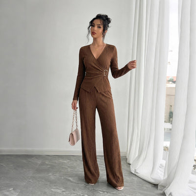 Conjunto de Pantalón y Blusa Cruzada de Manga Larga en Color Sólido para Mujer - Image 3