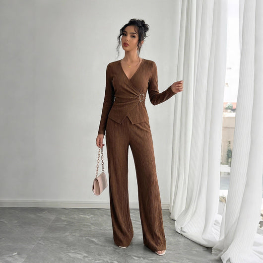 Conjunto de Pantalón y Blusa Cruzada de Manga Larga en Color Sólido para Mujer - Image 3
