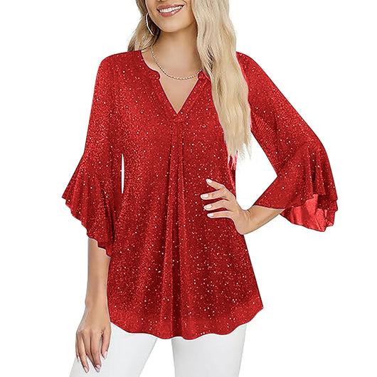 Blusa Suelta de Malla Plateada con Cuello V y Mangas 3/4 Pétalos - Image 31