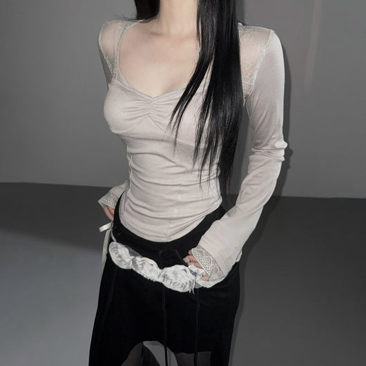 Blusa Elegante de Encaje Transparente con Cuello Cuadrado y Manga Larga - Image 7