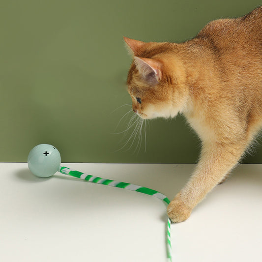 Light green interactive cat ball toy with a green and white striped flexible wand, shown with a white USB charging cable.
