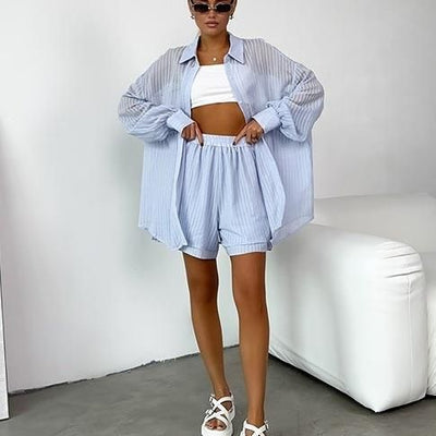 Conjunto de Dos Piezas: Blusa Texturizada Manga Larga y Shorts Casuales para Verano - Image 8
