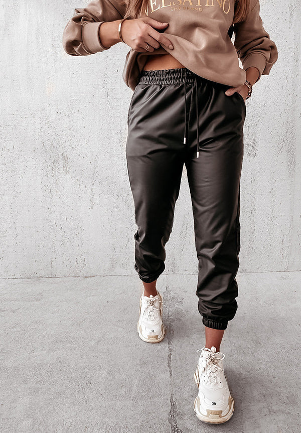 Pantalones de Cuero Casual con Tirantes y Color Sólido para Mujer