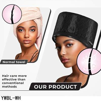 Black electric heating hair treatment cap with a quilted pattern and a white power cord with an inline switch. - Image 7