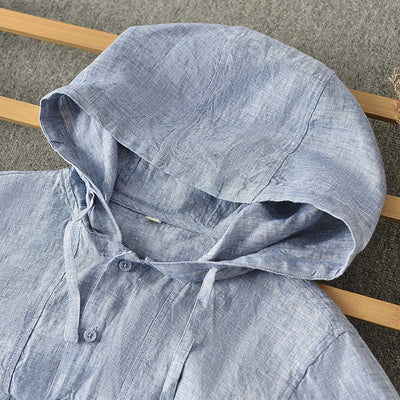 Camisa Suelta de Lino para Hombre con Capucha y Color Sólido - Image 3