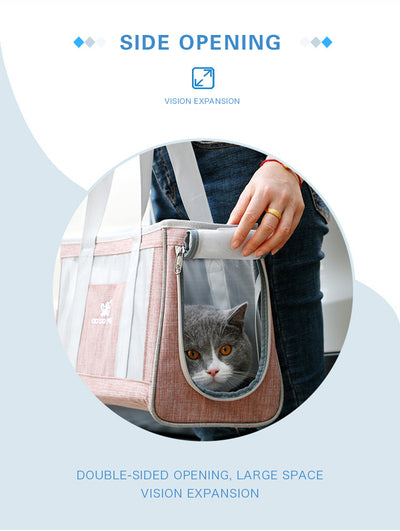 Navy blue portable pet carrier bag with mesh windows, top handles, and a side pocket for small dogs or cats. - Image 13