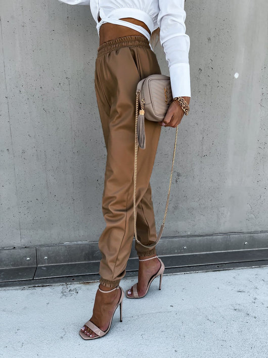 Pantalones de Cuero Casuales Midi para Mujer con Bolsillos - Image 4