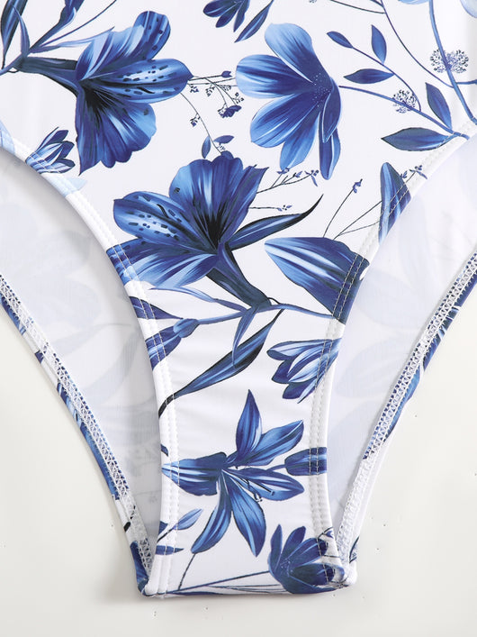 White and green floral print one-piece swimsuit with tie-shoulder straps and matching long chiffon skirt. - Image 13