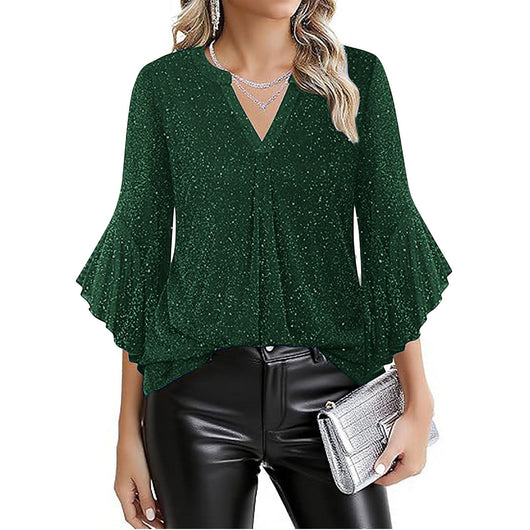 Blusa Suelta de Malla Plateada con Cuello V y Mangas 3/4 Pétalos - Image 2