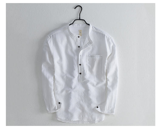 Camisa Casual de Lino y Algodón con Cuello Mao para Hombre - Image 15