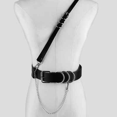 Black waist belt with single shoulder strap, silver buckle, D-rings, and decorative chain. - Image 10