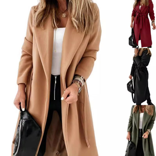 Abrigo Largo de Lana para Mujer Talla Grande con Cordones