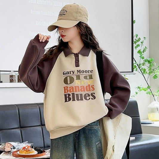 Suéter Infantil con Estampado de Letras y Cuello Solapa - Primavera y Otoño