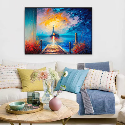Cuadro Óleo Artesanal Paisaje Marino Faro Abstracto - Decoración Lienzo sin Enmarcar - Image 2