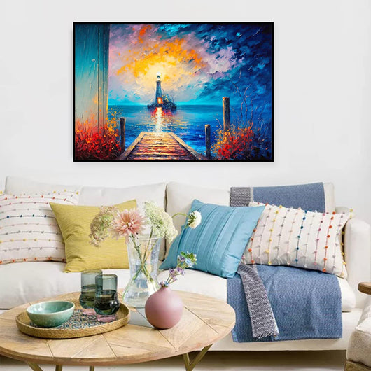 Cuadro Óleo Artesanal Paisaje Marino Faro Abstracto - Decoración Lienzo sin Enmarcar - Image 2