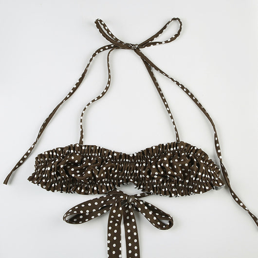 Dark brown polka dot halter bikini top with matching shirred high-waisted shorts for women. - Image 24