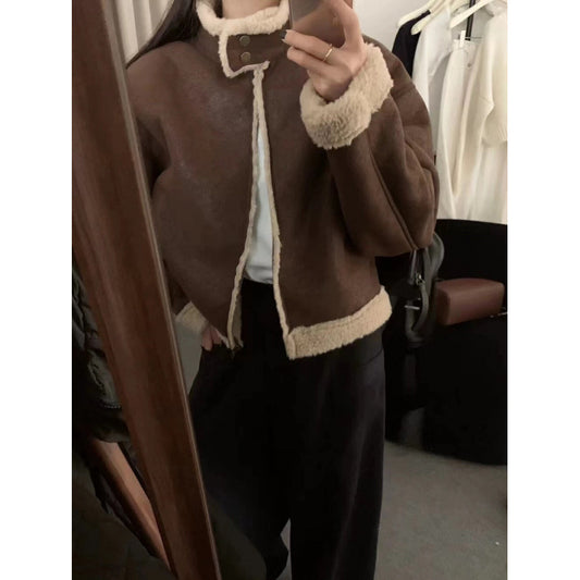 Abrigo Corto Retro con Cuello de Pie para Mujer - Lana de Cordero Invierno - Image 2