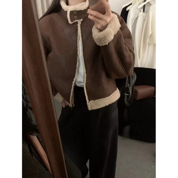 Abrigo Corto Retro con Cuello de Pie para Mujer - Lana de Cordero Invierno