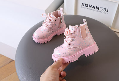 White toddler girls' boots with a holographic star pattern, lace-up front, and side zipper closure. - Image 36