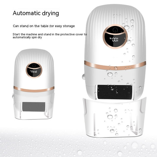 Black electric foot grinder with digital display, three replacement roller heads, USB-C charging cable, and cleaning brush. - Image 3