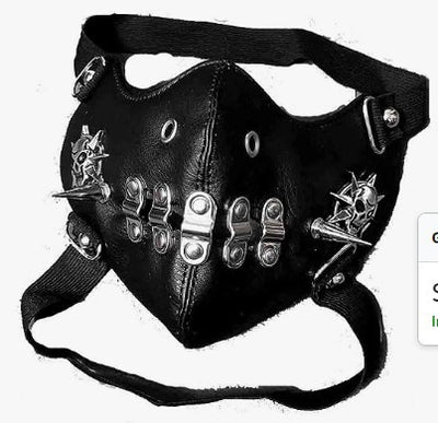 Black leather half-face mask with brass chains, spikes, and gear accents, featuring adjustable elastic straps. - Image 3