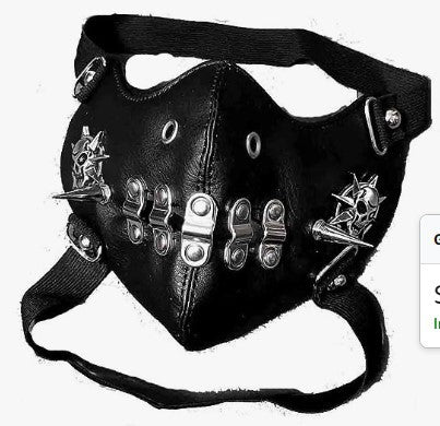 Black leather half-face mask with brass chains, spikes, and gear accents, featuring adjustable elastic straps. - Image 3