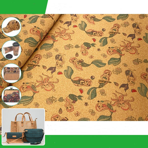 Tela de Corcho Estampado Sirena Kawaii con Fondo Floral