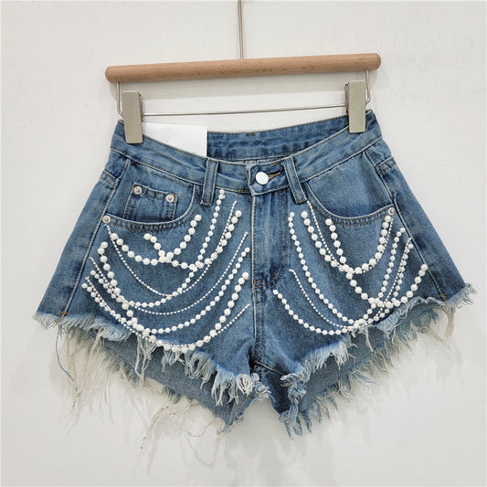 Shorts Denim Mujer Cintura Alta Efecto Reductor con Strass y Flecos