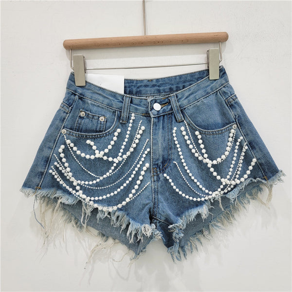 Shorts Denim Mujer Cintura Alta Efecto Reductor con Strass y Flecos