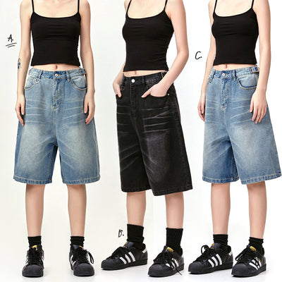 Pantalones Vaqueros Cropped Retro Americano con Patrón Barba de Gato Delavado