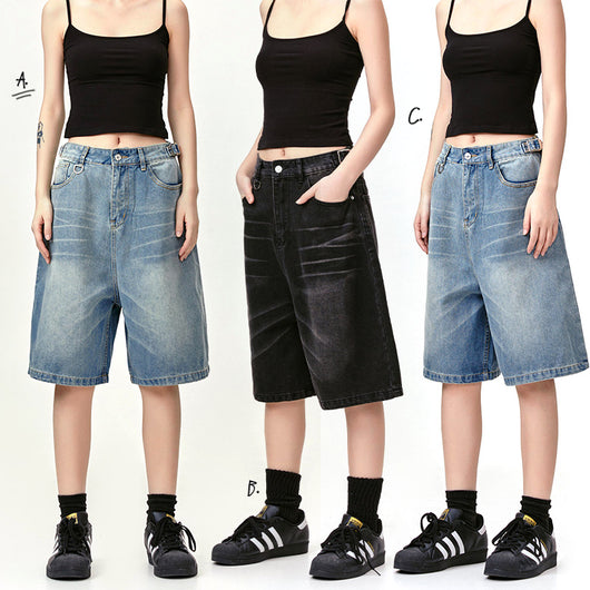 Pantalones Vaqueros Cropped Retro Americano con Patrón Barba de Gato Delavado