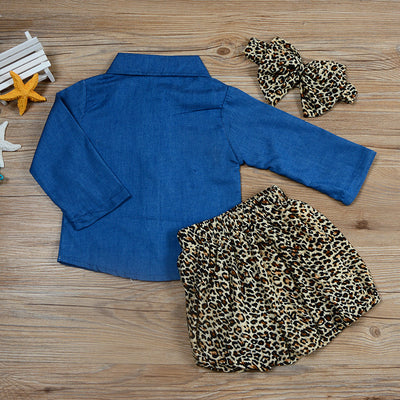 Conjunto de 3 Piezas Infantil Otoño: Blusa Denim, Falda Leopardo y Diadema - Image 24