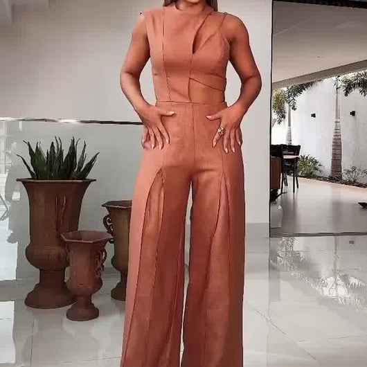 Jumpsuit Elegante de Cintura Alta con Cuello Redondo y Detalles Calados - Image 4