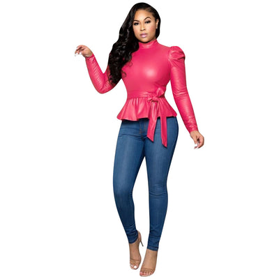Blusa Cuello Alto Peplum en Cuero Genuino - Envío Gratis - Image 20